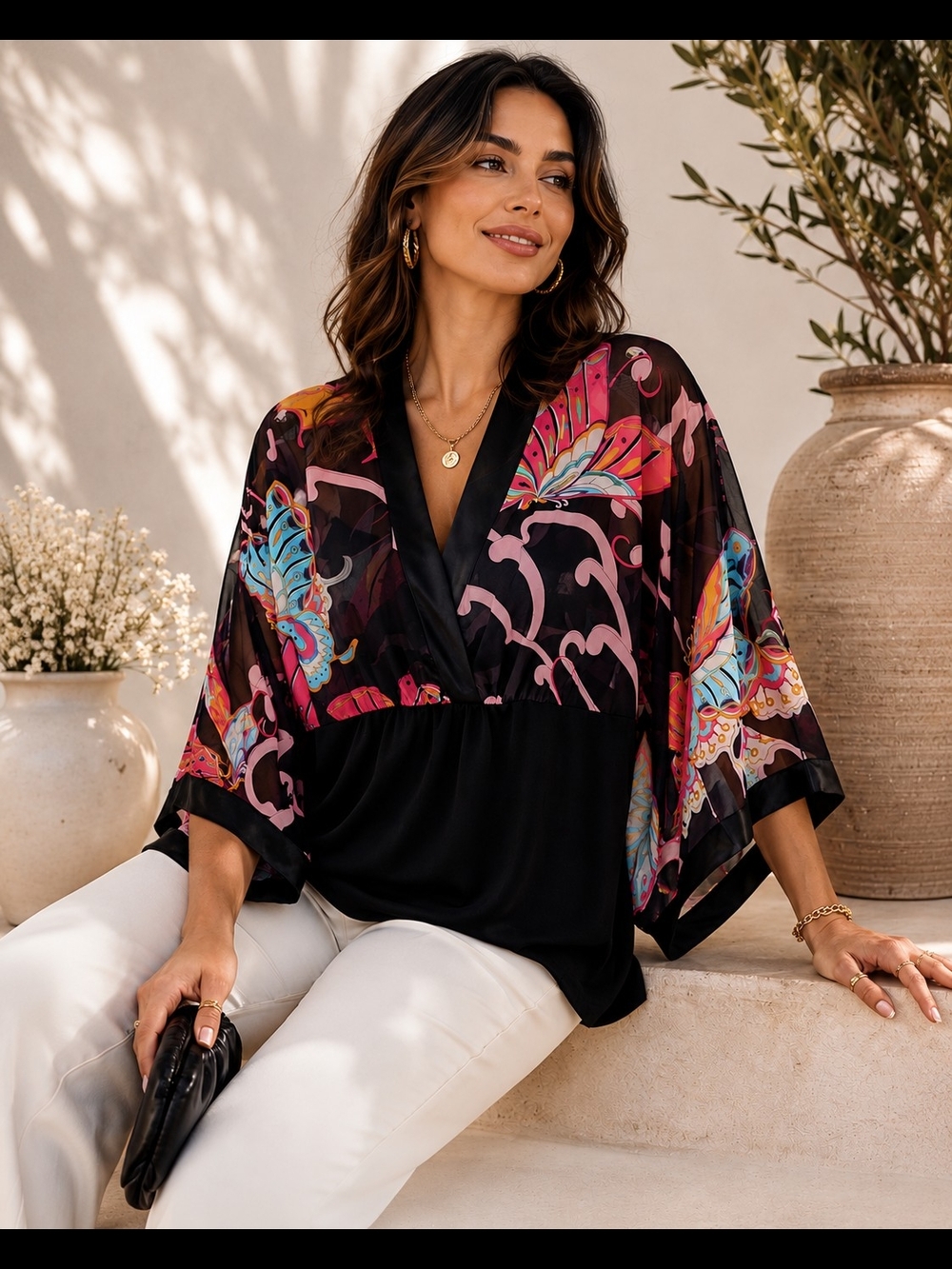 Butterfly Print Kimono Blouse Black Pink Boho Festival Sz 12-1X Oversized